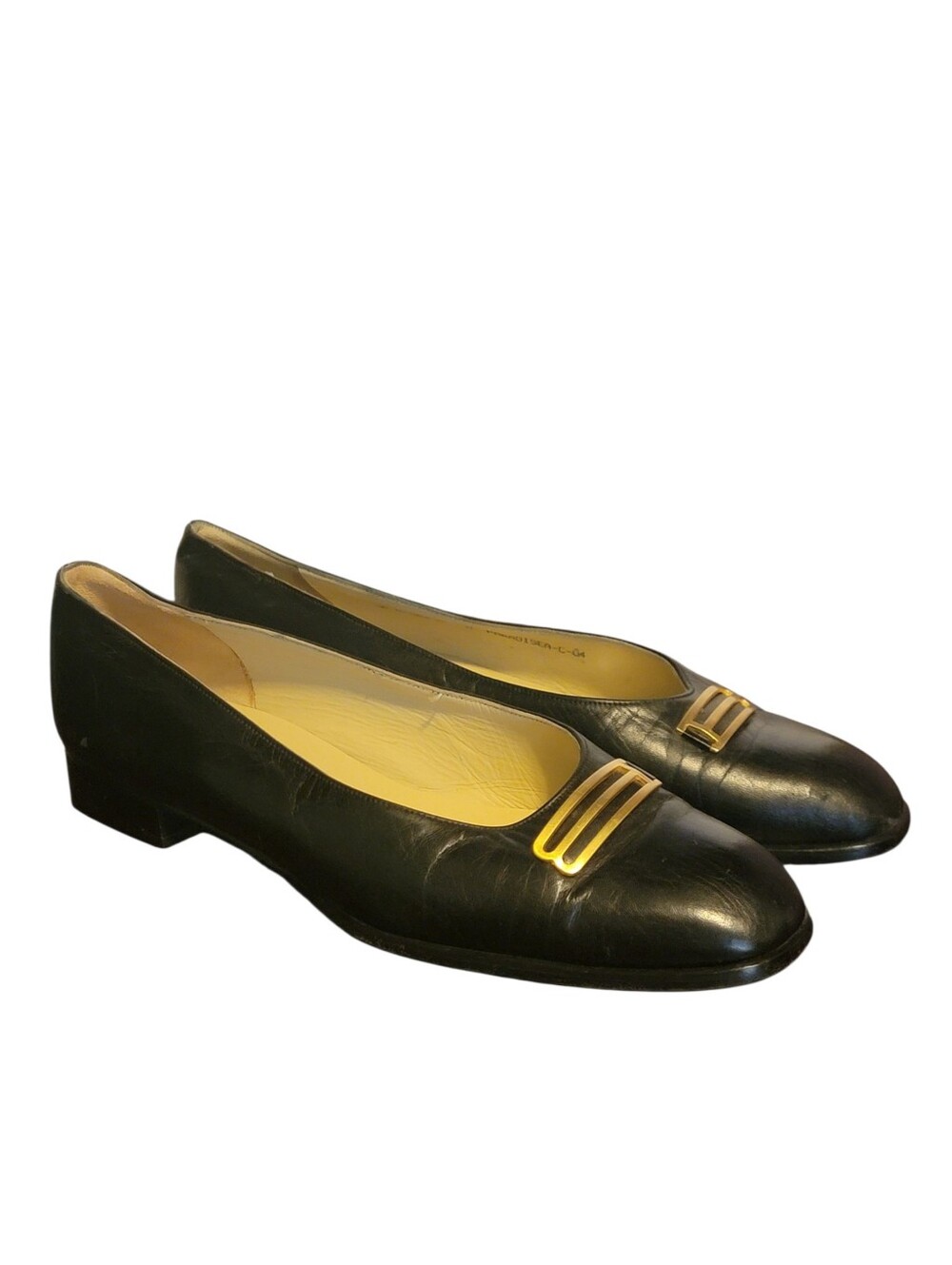 Bally Womens Black Leather Flats Gold Embellishment Shoes Switzerland 8.5M